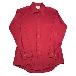 VTG 70s Montgomery Ward Burgundy Disco Shirt Dagger Collar Red 15.5 32-33